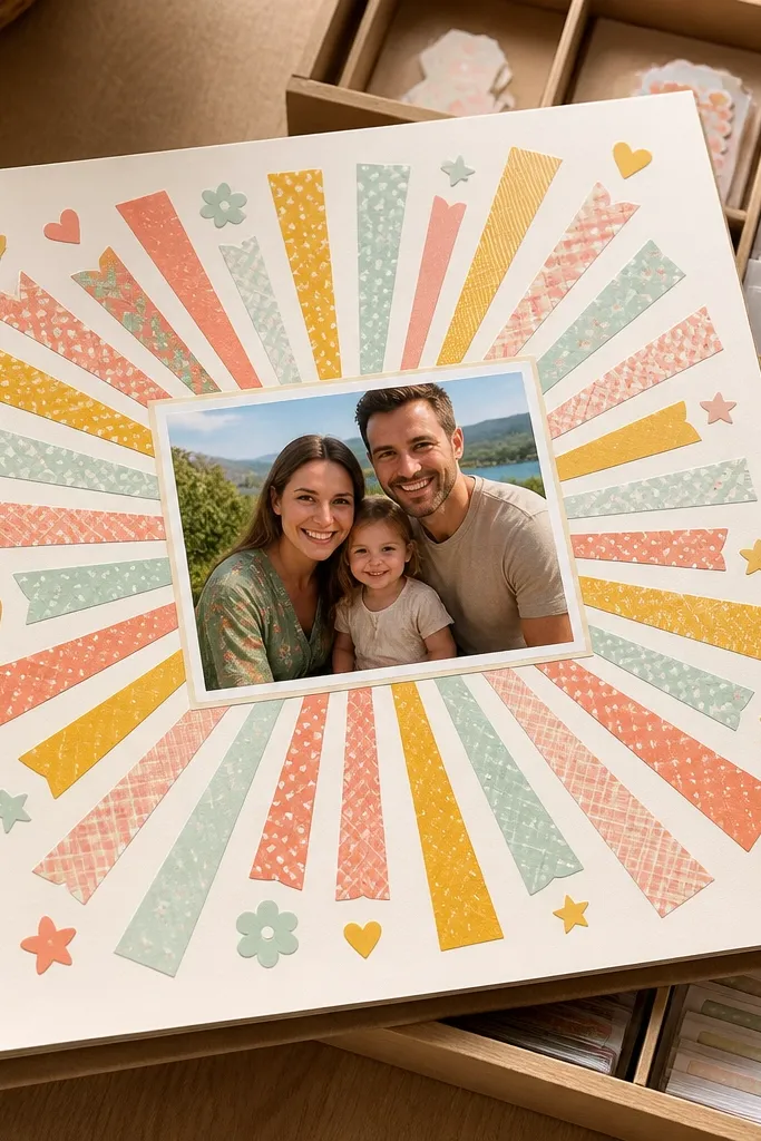 A starburst sticker design around a single on a scrapbook page