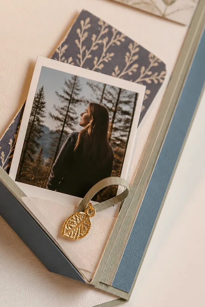 A corner shadow box on a scrapbook page holding a small and a mini charm