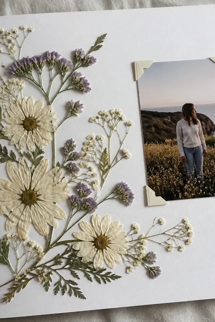 Pressed flowers arranged on a white mat with a thin journaling card