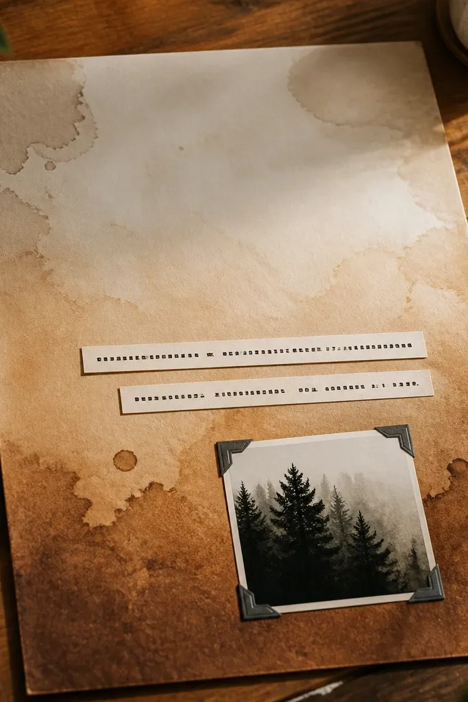 A scrapbook page with a subtle coffee-stained gradient background and clean label text