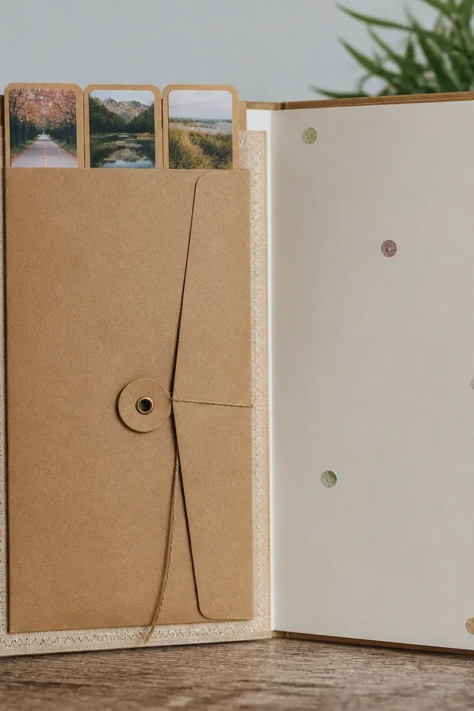 A scrapbook page with an envelope-like spine and small tabs sticking out