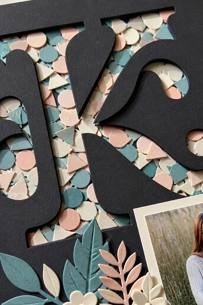 A large monogram letter with paper confetti layers behind it on a scrapbook page