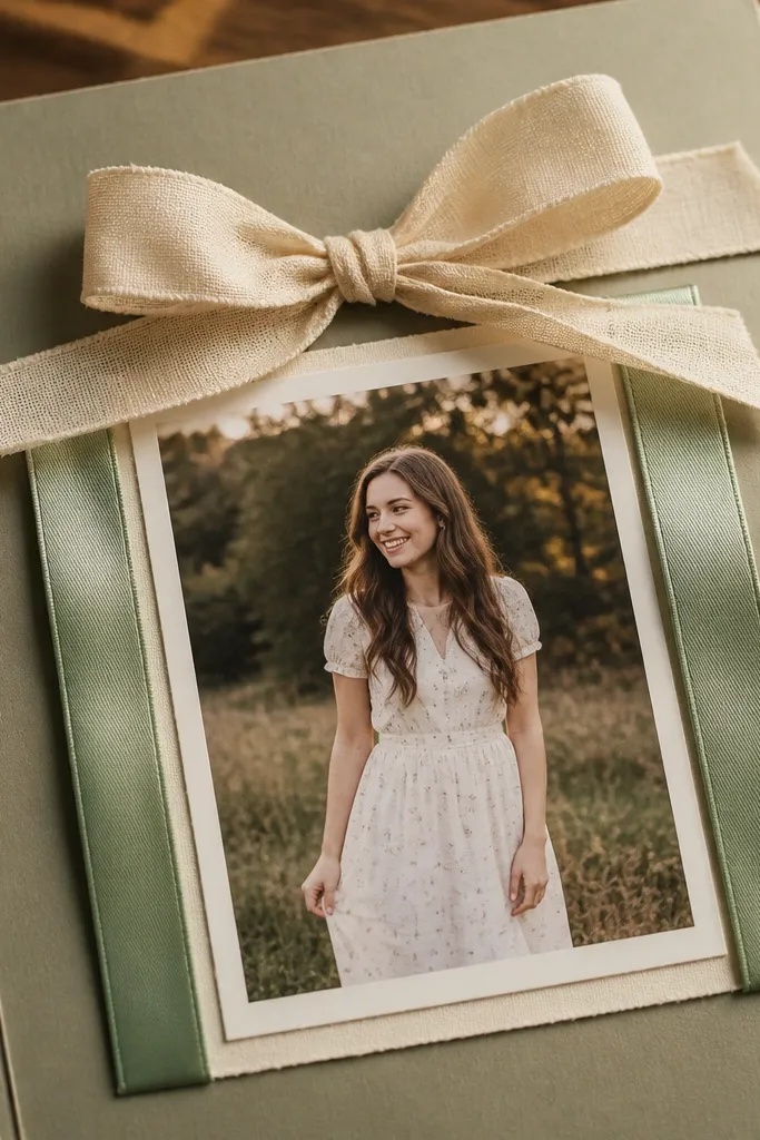 A scrapbook page with a small bow and ribbon tabs framing a mat