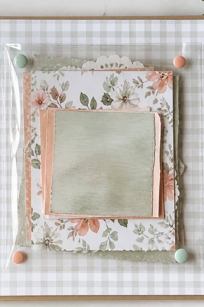 A scrapbook page with a clear acetate window showing layered sentiment cards inside