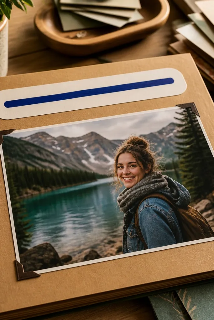 A scrapbook page with a hand-lettered caption strip over a simple