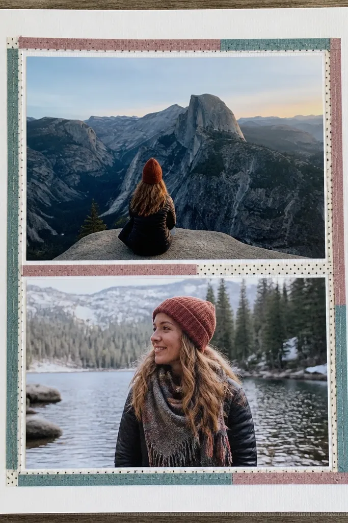 A grid page with a fabric-and-washi border framing the pictures