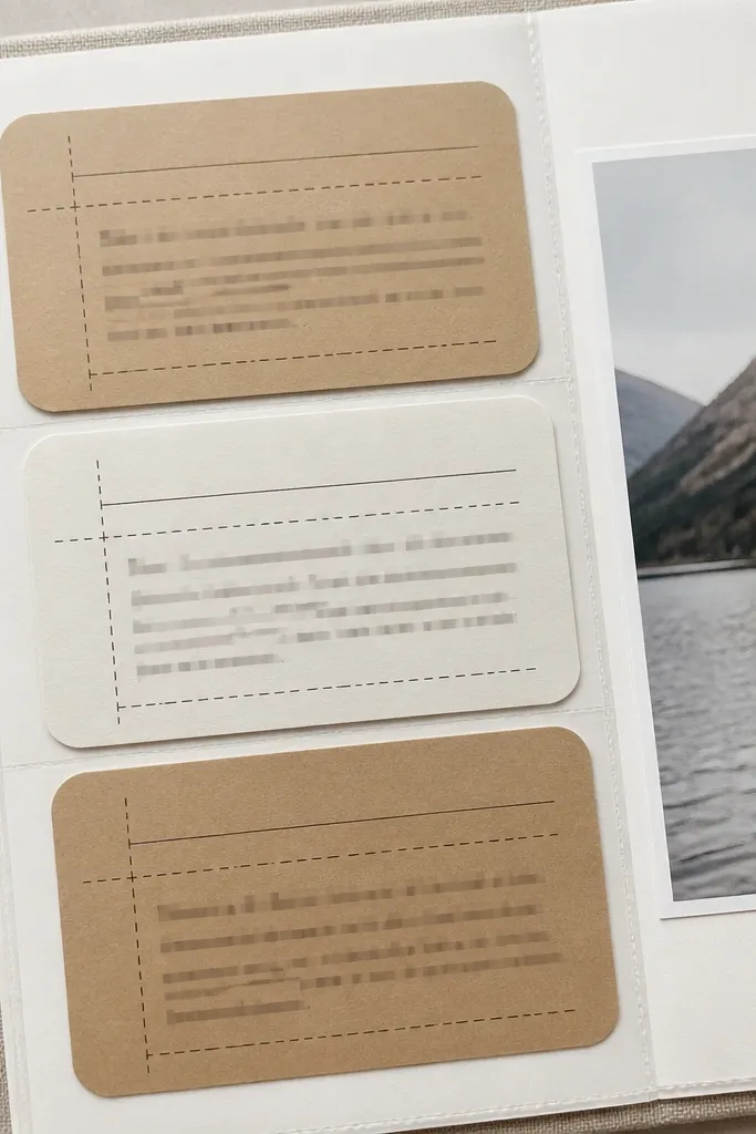 Receipt-style journaling cards with rounded corners arranged under a