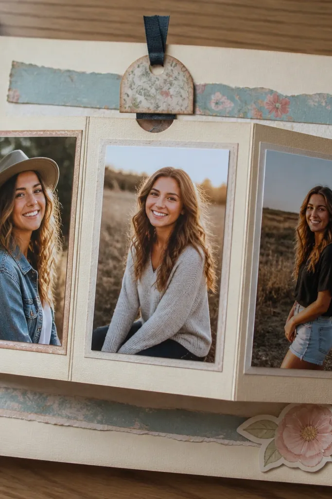 A scrapbook page with a small accordion foldout showing three photos and a pull tab