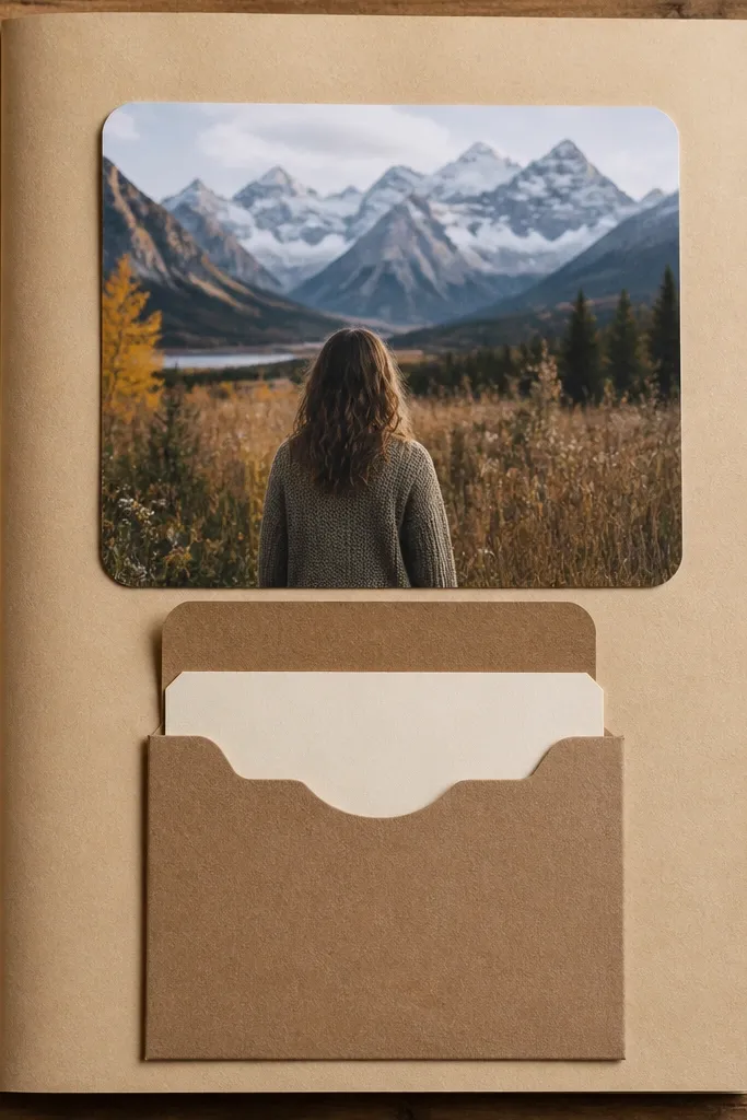 A postcard-style card on a page with a small pocket holding a note