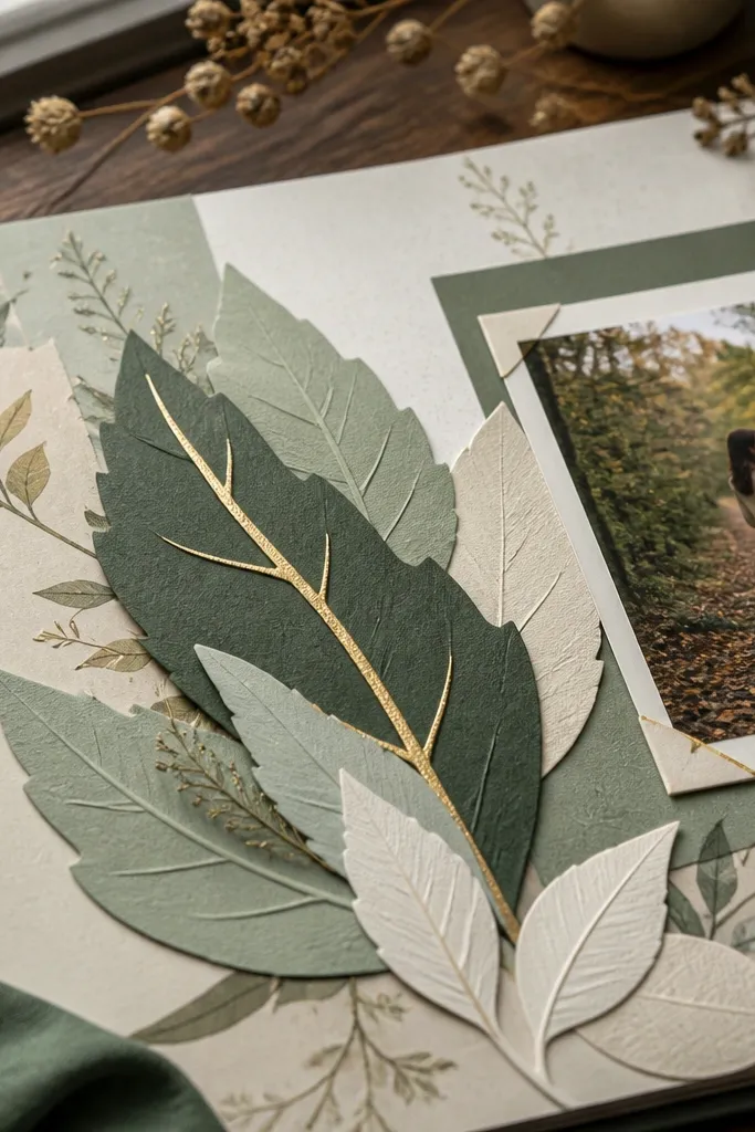 Layered leaf cutouts with thin gold lines and a small in the center