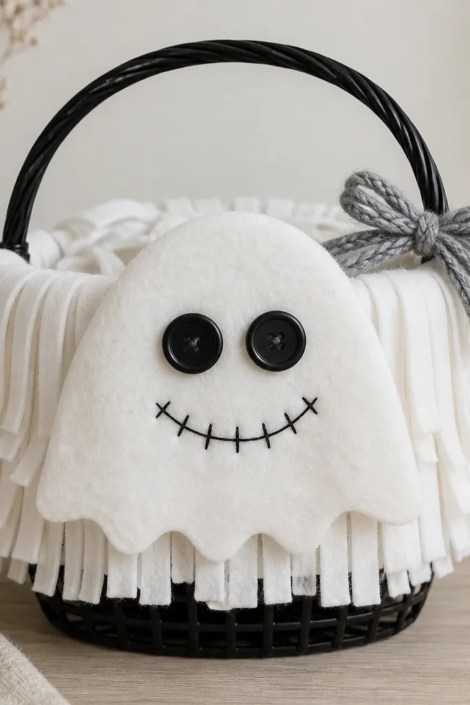 A black plastic basket filled with white felt fringe strips around the sides. A big white felt ghost face sits on top, with matte black button eyes and a stitched mouth. A small gray yarn bow is tucked near the handle, and the whole arrangement looks tidy and soft.