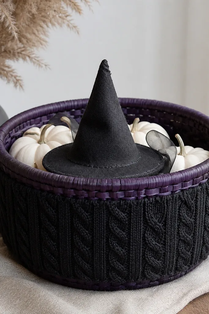 A deep purple basket wrapped with a black knit fabric panel that looks like a sweater sleeve. A small cotton witch hat in black with a stitched brim sits in the center. Inside the basket, there are mini white faux pumpkins and a few strands of sheer black ribbon.