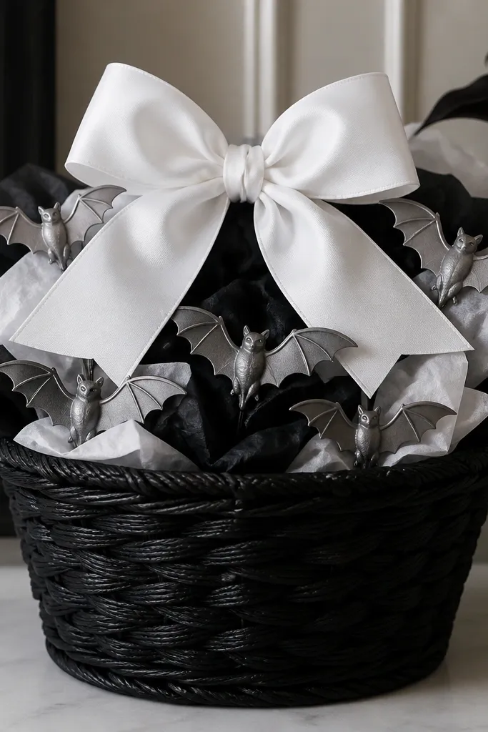 A black woven basket filled with black-and-white tissue paper. Several matte silver bat ornaments are pinned into the top layer. A thick white satin-look ribbon bow (but washable fabric) sits above the bats, centered on the basket.