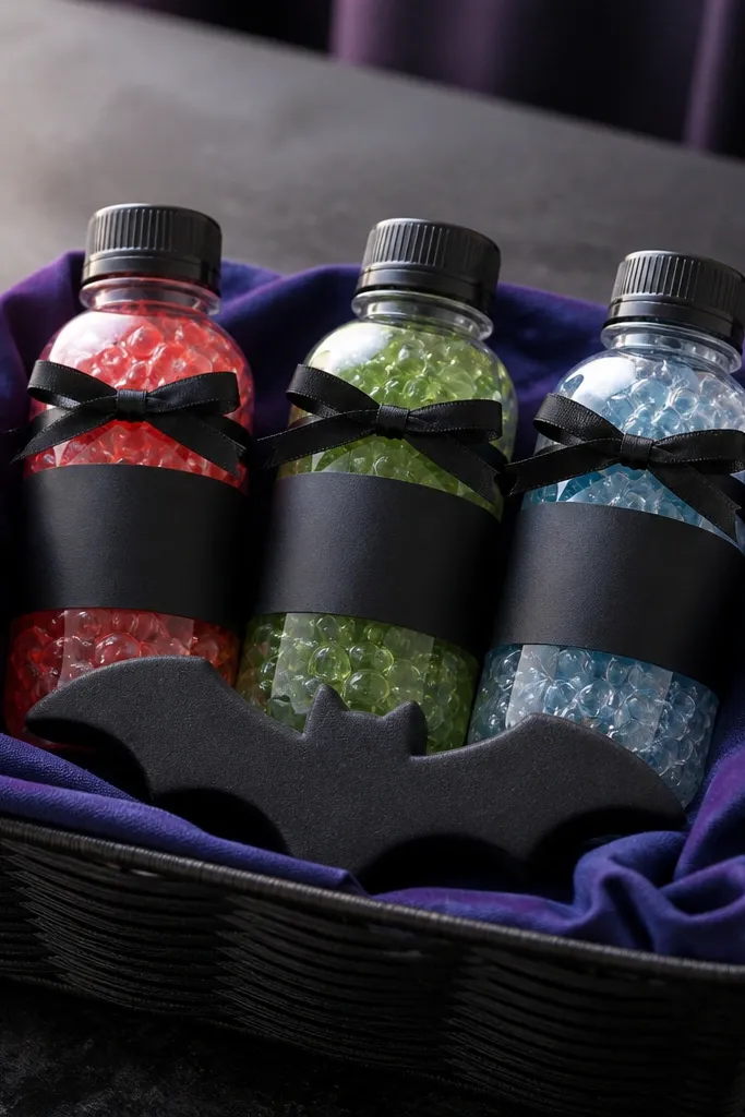 A black basket lined with dark purple fabric. Inside are three small clear plastic bottles filled with colored water gel (red, green, and cloudy blue look). Each bottle has a paper label with white text and a black ribbon tie. A small foam bat sits near the front.