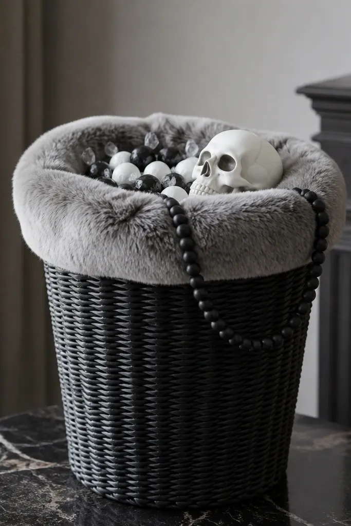 A tall black basket with a gray faux fur liner draped over the rim. Inside are black and white candies, a small white skull ornament, and a single strand of matte black beads. The overall look is monochrome and plush.