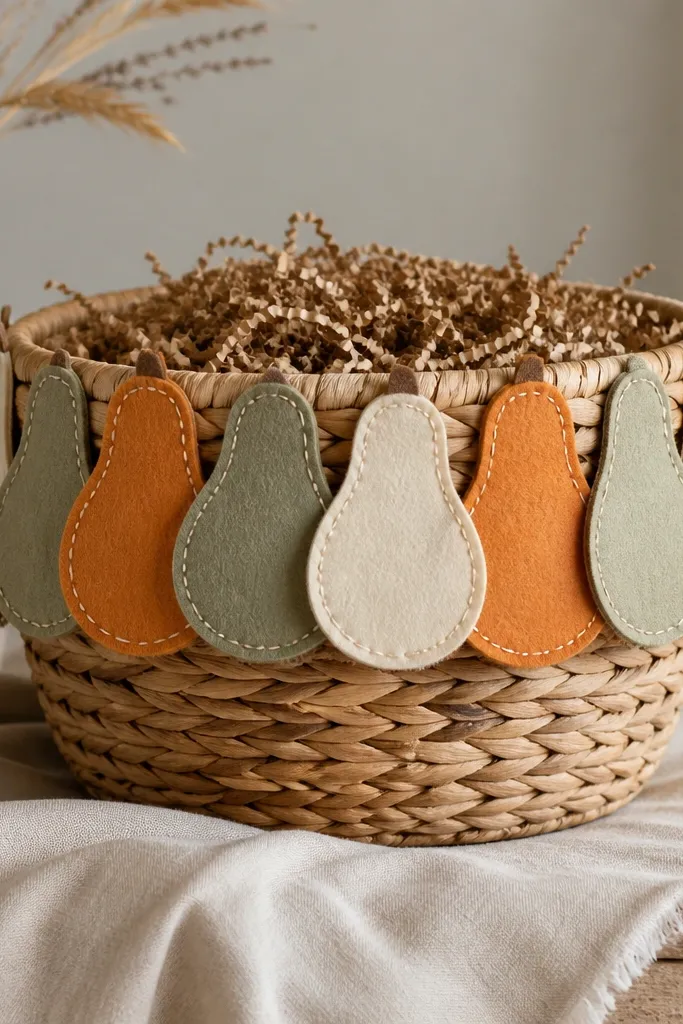 A woven basket filled with shredded brown paper. Around the top rim are felt gourd cutouts in orange, muted green, and cream. The gourd cutouts are layered like shingles, with stitched details and small brown stems.