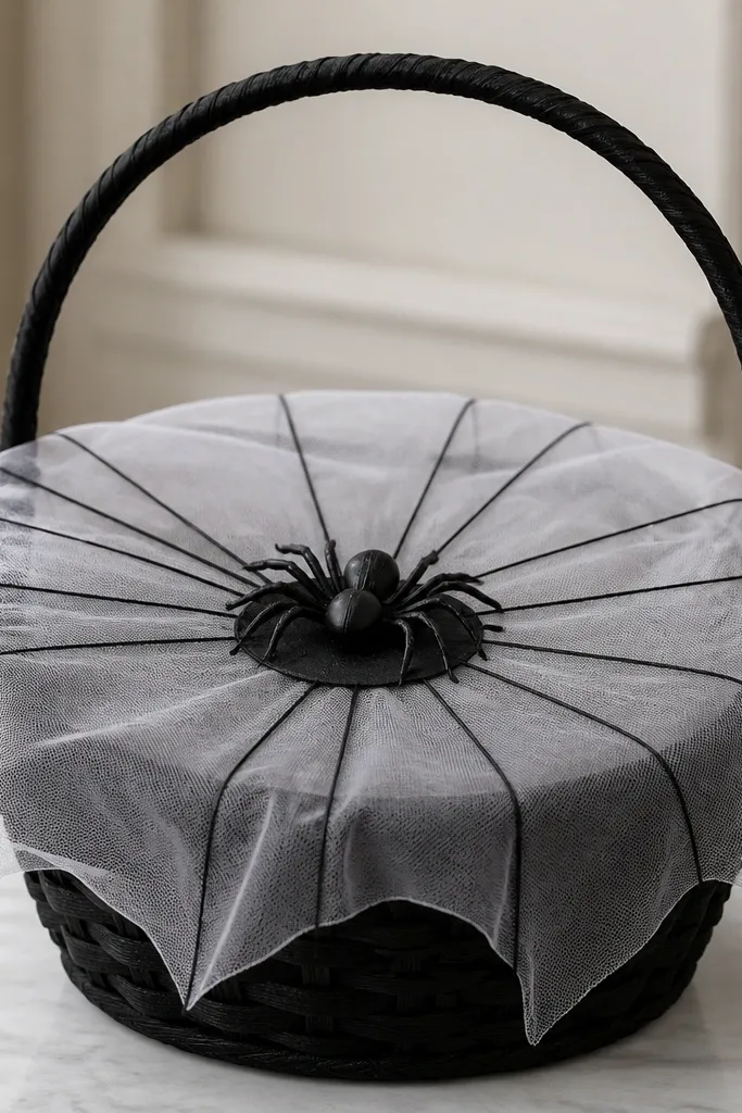 A black basket with a sheer white organza layer draped across the top like a web. A big plastic spider sits in the center on a small round base. Thin black string lines radiate outward under the organza for a web effect.