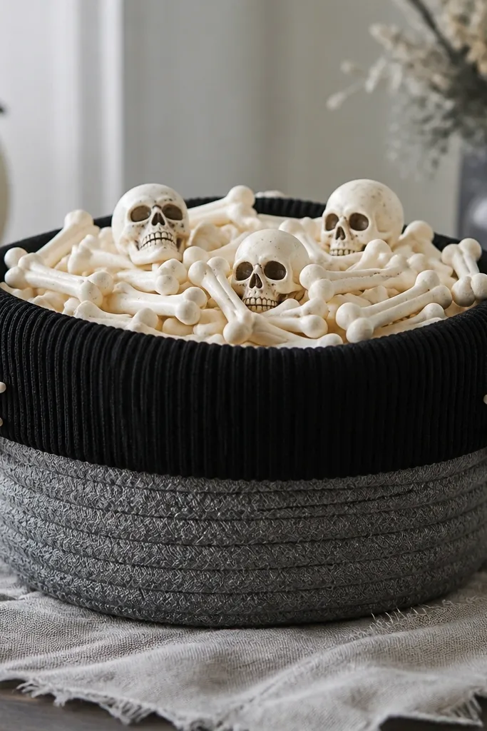 A gray basket wrapped with a black sweater cuff fabric at the top. Two small skeleton hand cutouts peek out from the sides. The basket has white bones and a few mini skull candies on top.