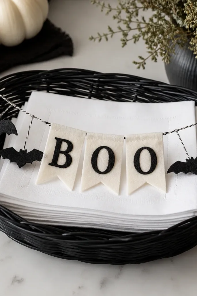 A black basket with a stack of folded white napkins as a liner. Across the top is a felt banner strip that reads "Boo" in black letters. Small felt bats hang from the banner string.