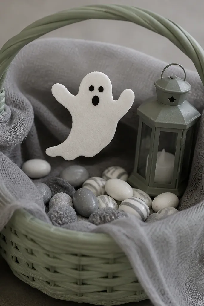 A muted green basket with a draped fabric mesh layer in gray. A small ghost cutout made from white felt floats near the center. Inside are gray and white candies and a mini lantern-shaped decoration.
