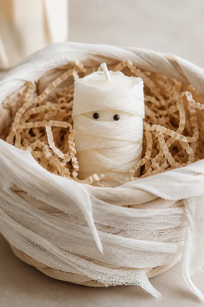 A beige basket wrapped in messy-looking white cotton gauze strips. A small "mummy" candle sits in the center wrapped with extra strips. The gauze ends are uneven, and the basket interior shows beige paper filler.