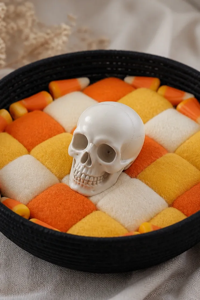 A small black basket lined with felt squares arranged like a candy corn checker pattern in orange, yellow, and cream. A small white skull sits on top of the felt tiles. There are candy corn pieces tucked around the edges.