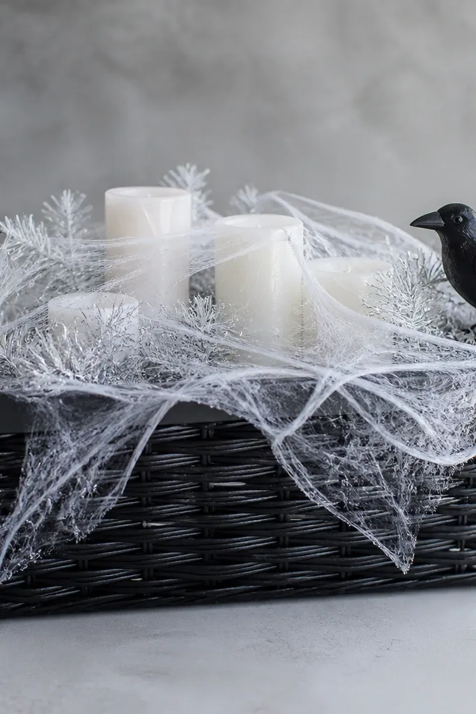 A black basket with a clear, frosted-looking plastic web draped over the top. Inside are white faux candles, white tinsel, and a small plastic raven perched at the edge. The web catches light and looks icy.
