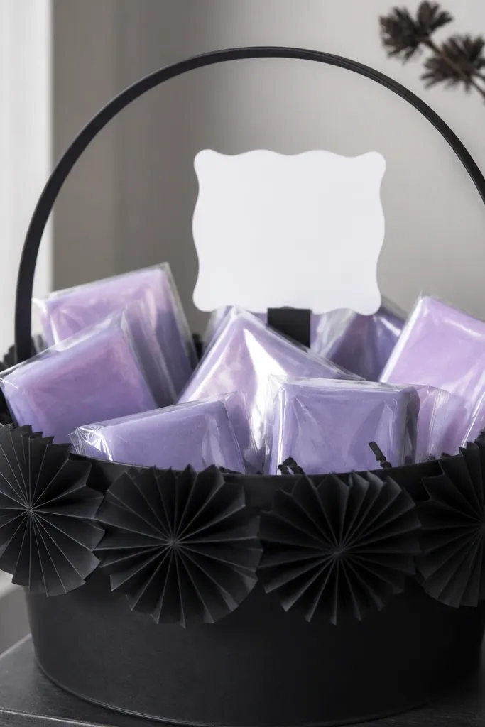 A matte black basket filled with lavender soap bars wrapped in clear plastic. Around the rim are black paper fan decorations made from folded cardstock. A small white "boo" sign card stands at the center behind the soaps.