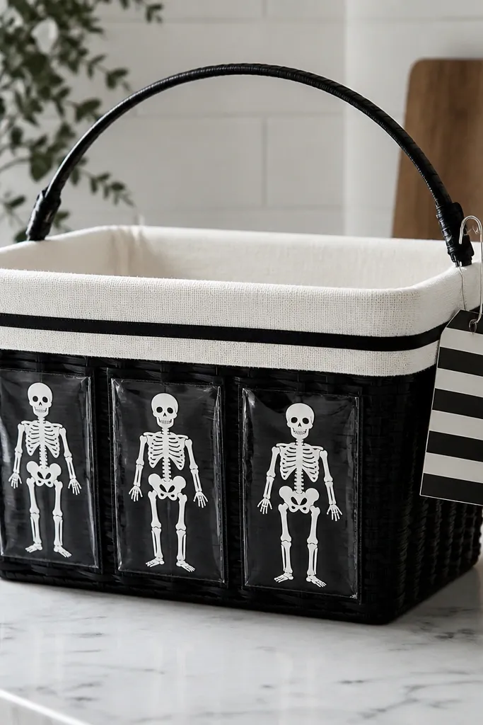 A small rectangular wicker basket with a matte black finish sits on a kitchen counter. Across the front are three clear vinyl pockets like planner sleeves, each holding a white paper skeleton silhouette. A black-and-white striped laundry tag hangs from the handle with a silver safety pin. The basket liner is white cotton canvas, and a thin black ribbon runs along the rim.