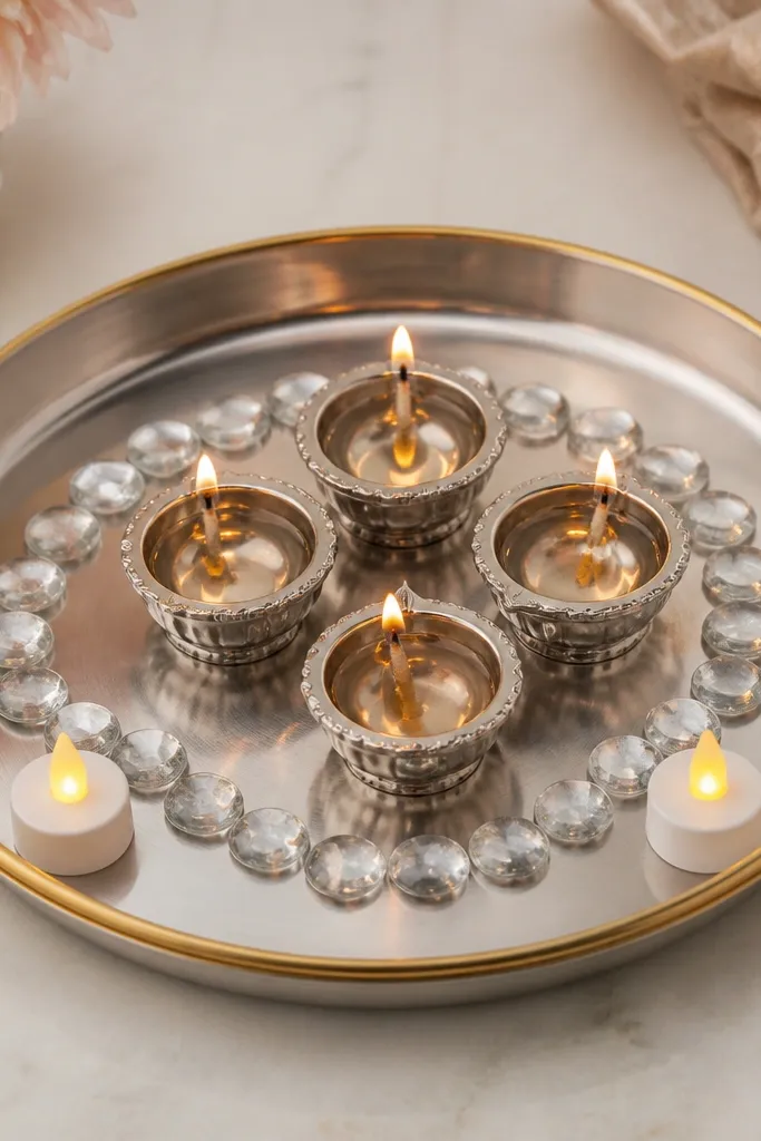 A round silver steel diya thali with five small diyas placed in the center, surrounded by a neat circular ring of clear white glass pebbles. Two tiny LED tea lights sit near the edge, and the outer rim has a thin band of gold paint.