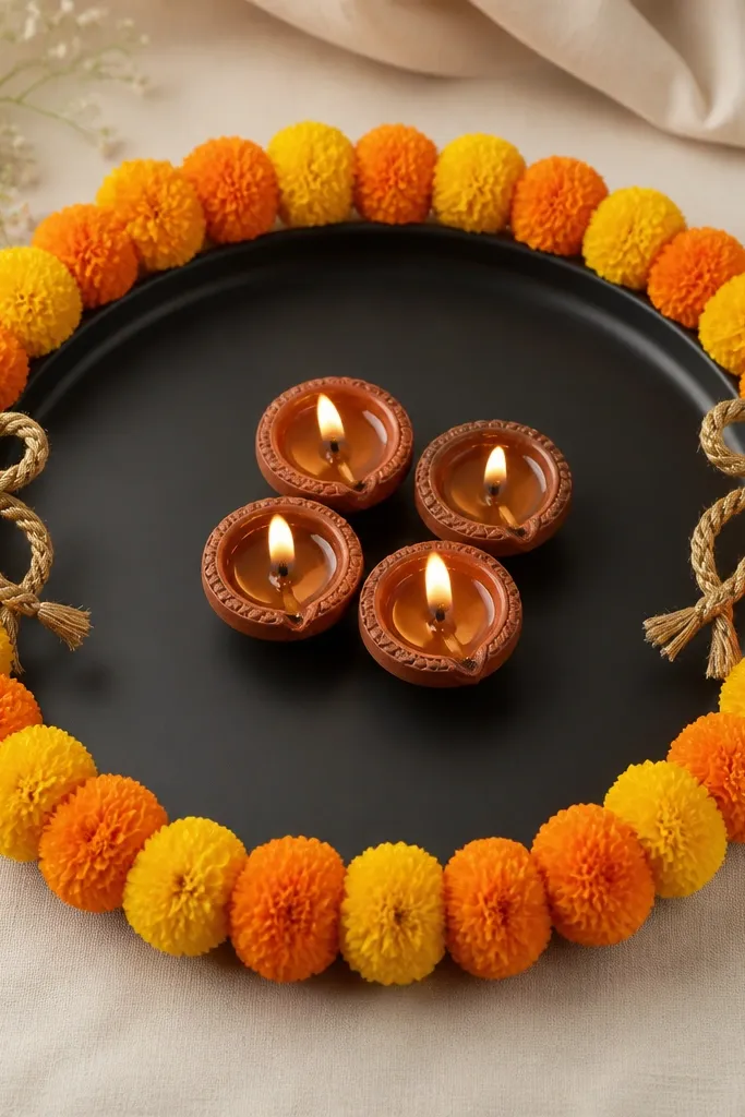 A matte black round thali with four diyas in the center. Around the outer edge sits a looped faux marigold garland shaped into a bow on the left and right sides, with two small gold jute twine knots.
