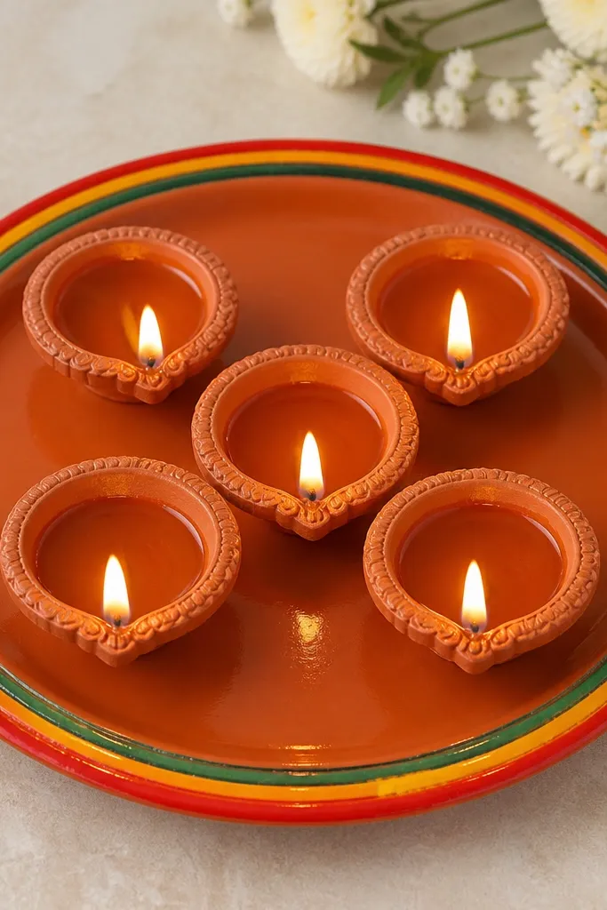 A terracotta-colored diya thali with a thin border made from colored rangoli powder lines in red, yellow, and green. Five diyas sit in the middle, and the border looks glassy and sealed, not dusty.