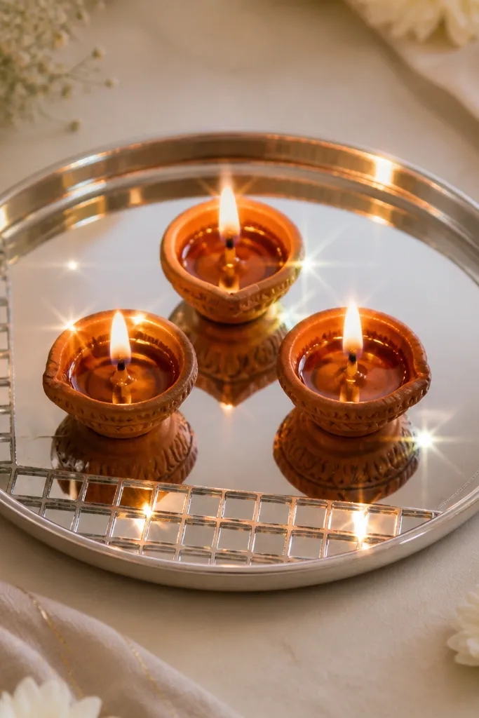 A round silver thali with two mirrored tile strips forming an L-shape on the outer side. Three diyas sit in the center, and the mirror reflects the flame into small star-like flashes.