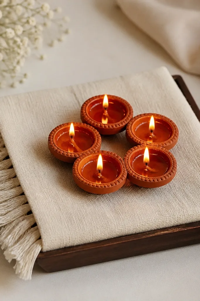 A small square tray covered with a folded cream fabric strip runner. Five diyas sit in a tight circle in the middle, and the fabric has a neat fringe edge on the left side.