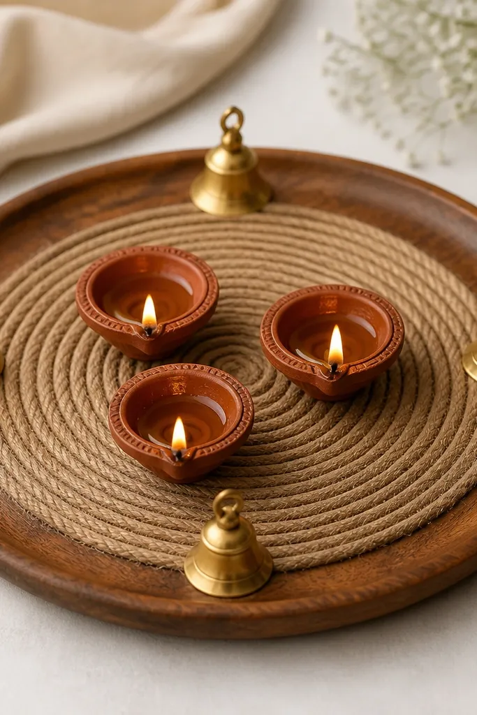 A round wooden thali with a jute twine spiral around the center. Four small brass bells sit at the corners of a square outline on the outer area, with three diyas in the middle.