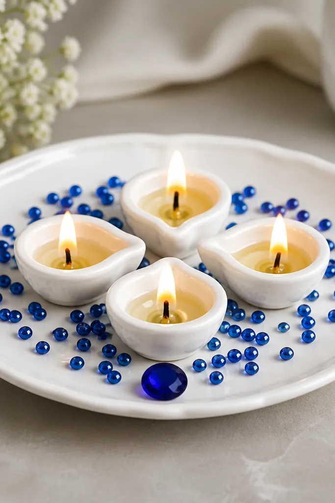 A glossy white ceramic thali with four diyas in the center. Around them is a scatter of tiny cobalt blue glass beads, with one larger blue bead at the front edge.