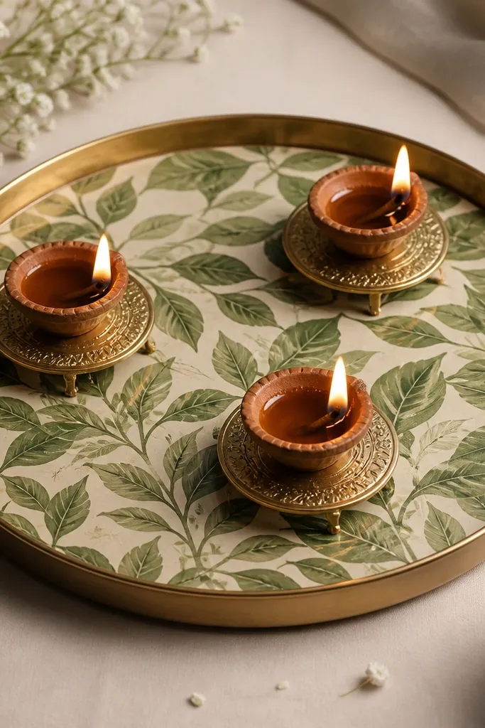 A round thali with a green leaf print vinyl sheet laid on top. Three diyas sit on small raised coasters, and the vinyl edge is trimmed neatly under the rim.