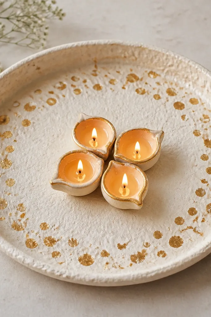 A light paper mache thali painted off-white with scattered gold foil dots. Four diyas are arranged in the center, and the gold dots form a loose ring around them.