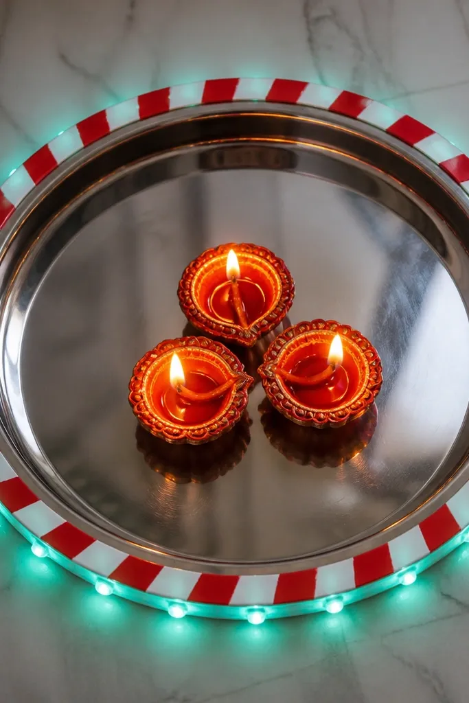 A round steel thali with a clean border made from rangoli tape in red and white stripes. Around the outer edge, teal LED strips form a subtle outline, and three diyas sit in the center.