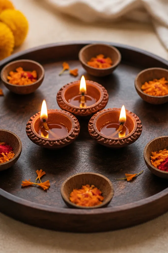 A dark brown wooden thali with three diyas in the center. Around them are small coconut shell mini bowls holding a pinch of kumkum and a few marigold petals.