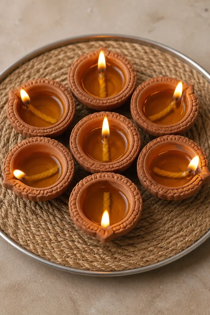 A rope coaster circle placed on a plain steel thali. Seven diyas arranged like a flower sit on top, and the rope coaster edges are neatly aligned with the thali rim.