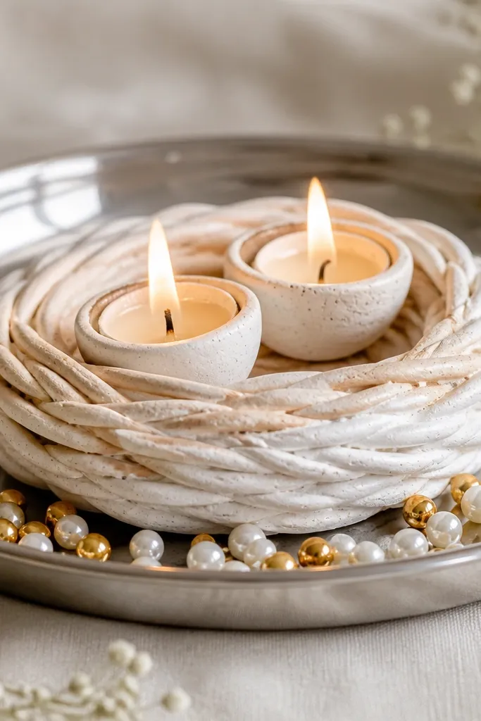 A white and beige clay diya nest shaped like a shallow bowl sits on a steel thali. Around it are tiny white pearls and a few gold beads, with two diyas inside the nest.