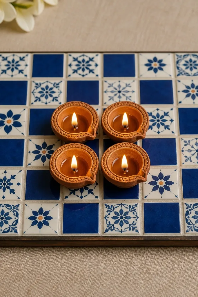 A square-tile mosaic thali top with blue and white ceramic pieces in a grid pattern. Four diyas sit in the center arranged in a square, and the tile edges are sealed.