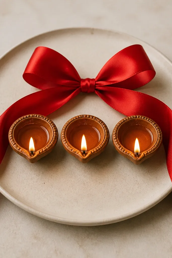 A red satin ribbon tied into three loops on a round plate. Three diyas sit in a horizontal line across the center, and the ribbon tails fall toward the sides.