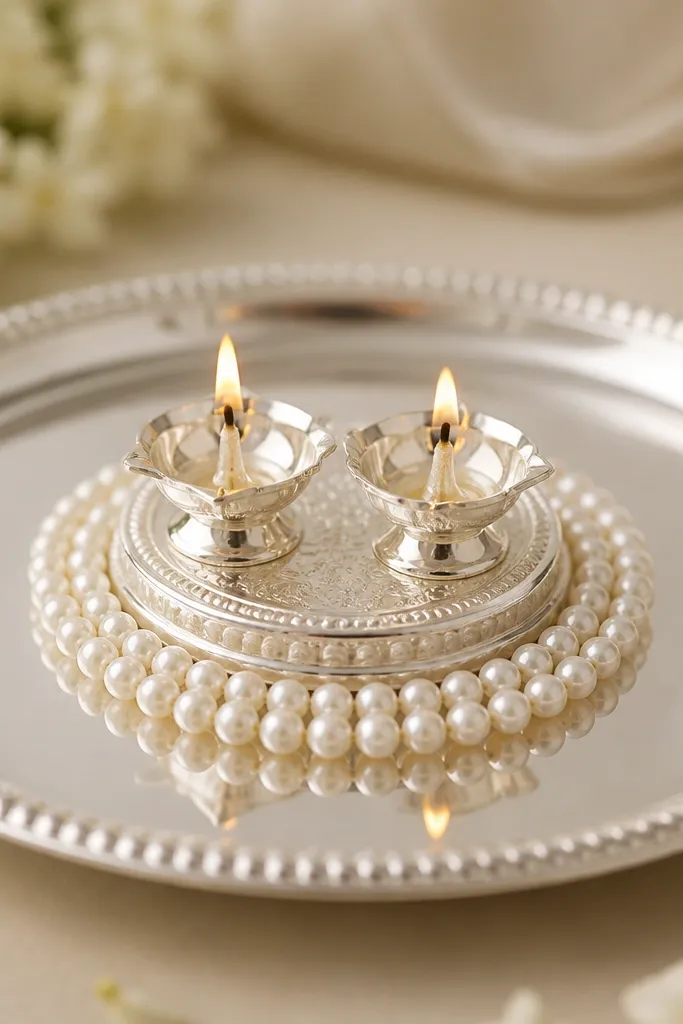 A silver thali with a small raised diya holder shaped like a coin. A pearl chain is wrapped in a circle around the holder, and two diyas sit on the elevated coin base.