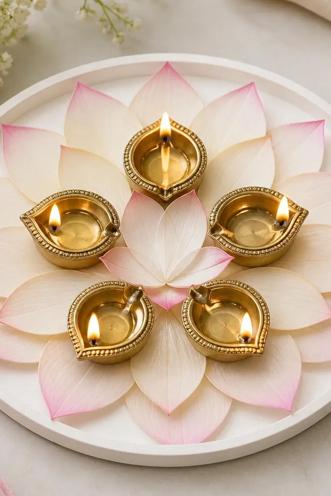 A white round thali with layered faux lotus petals arranged in a flower shape. Five diyas sit on top in a pentagon pattern, and the petals are off-white with pale pink tips.