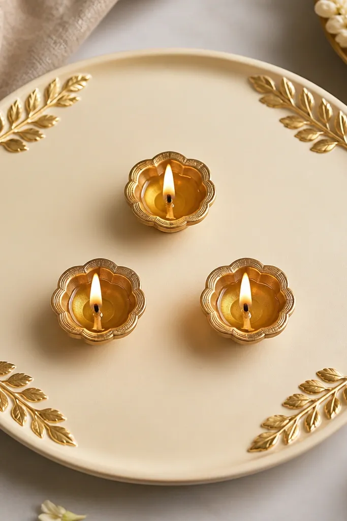 A plain cream thali with gold leaf sticker accents at four corners. Three diyas are arranged in a triangle in the center, and the gold accents align with the diyas visually.