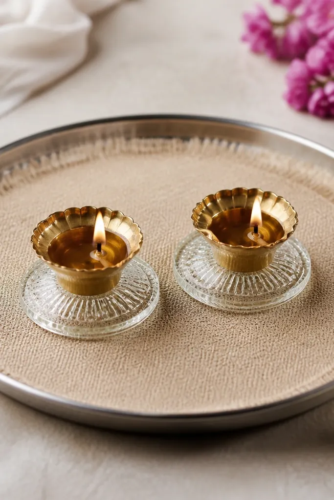 A steel thali with a washed jute fabric circle placed on top. Two glass coasters sit in the center holding diyas, and the jute edge is slightly frayed but neat.