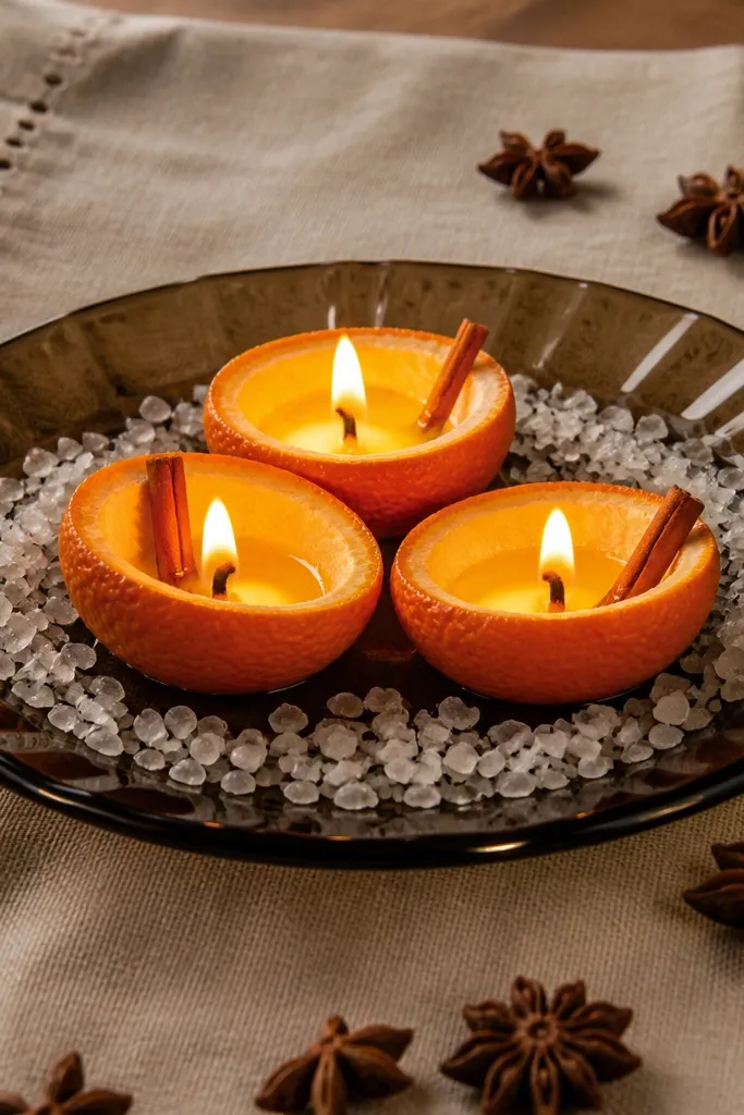 A dark smoked-glass thali holds three small diya cups made from dried orange peels, each peel cup shaped like a shallow bowl. Thin cinnamon stick slivers sit upright near the wicks, and a ring of pale sea-salt crystals rests around the cups. The whole setup sits on a neutral beige table runner with a few scattered star-anise pods, warm light glowing through the glass.