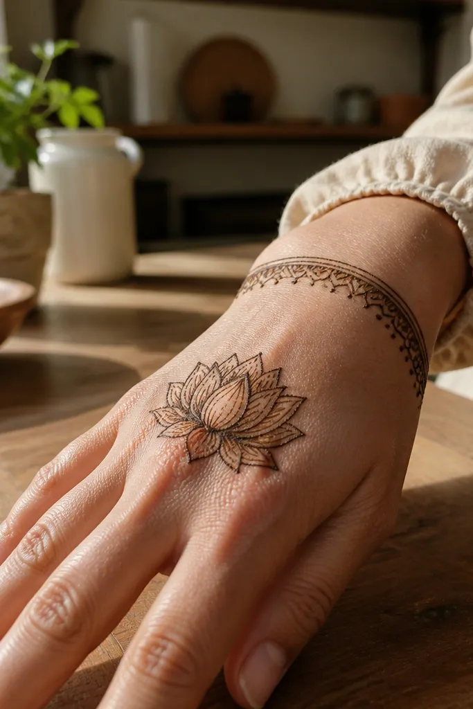 A lotus bloom on the back of the hand with a half-moon border near the wrist